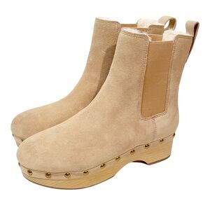 J Crew Size 6.5 Chelsea Bronzed Clay Calf Suede Faux Fur Studded Studs Clog Boot